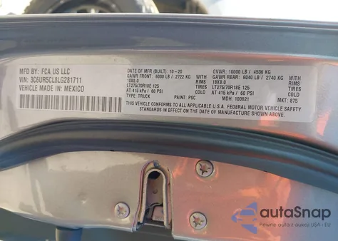 2020 Ram 2500 Tradesman 4X4 6'4 Box z USA, uszkodzony, nr VIN 3C6UR5CL8LG281711